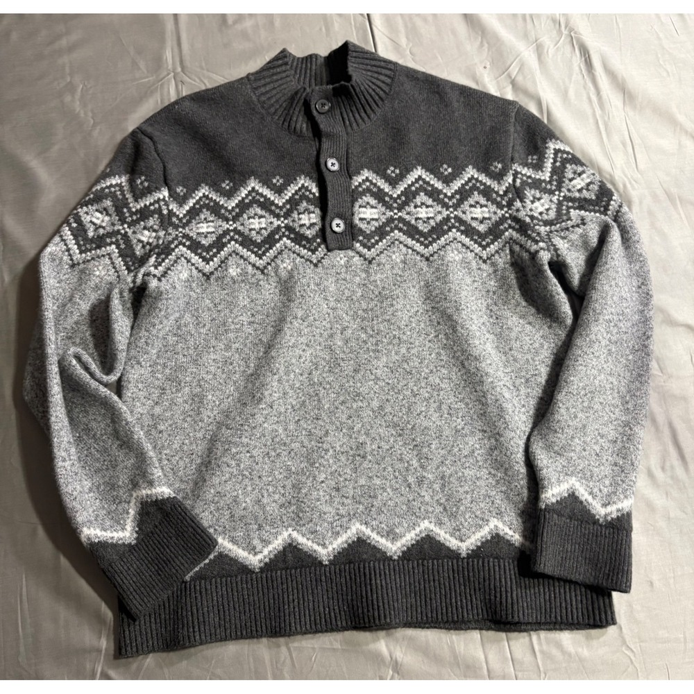 Goodfellow & Co Mens Gray Fair Isle Mock Neck Quarter Button Sweater Large